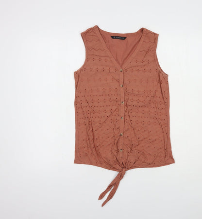 Dunnes Womens Brown  Cotton Basic Blouse Size XS V-Neck