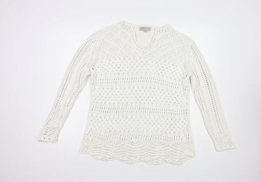 Amaryllis Womens White V-Neck  Cotton Pullover Jumper Size XL