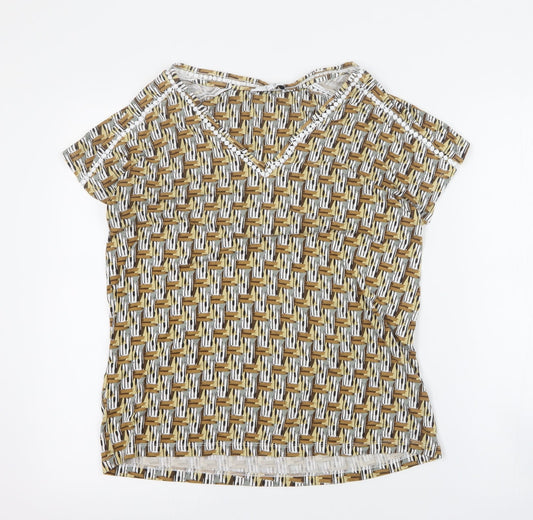 NEXT Womens Yellow Geometric Viscose Basic T-Shirt Size 10 V-Neck