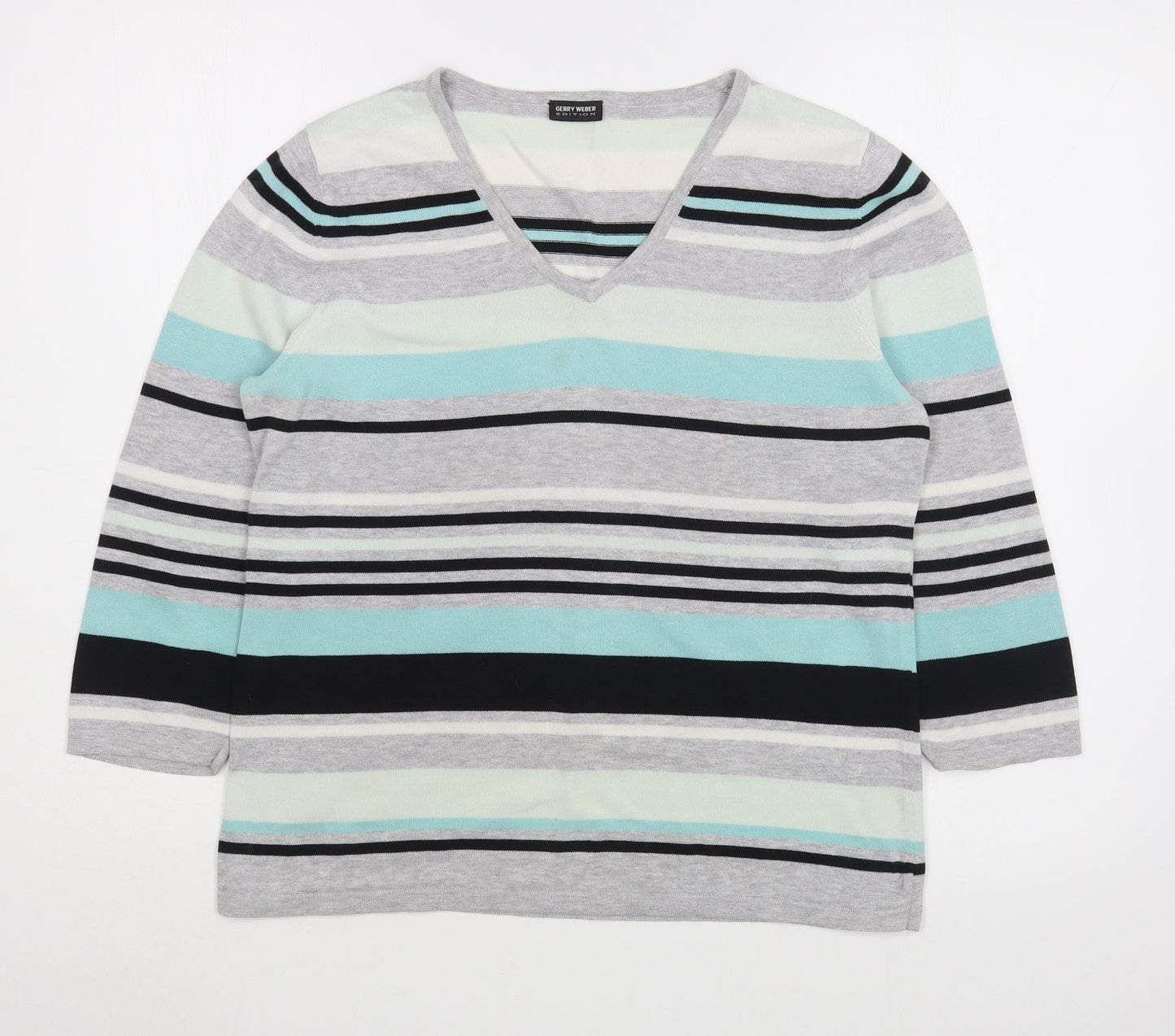 Gerry Weber Womens Grey V-Neck Striped Acrylic Pullover Jumper Size M