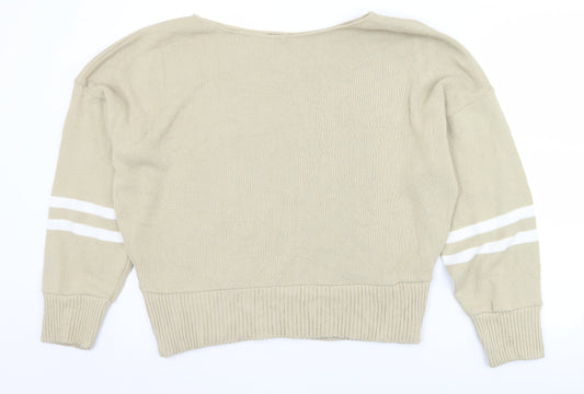 PRETTYLITTLETHING Womens Beige Boat Neck Striped Acrylic Pullover Jumper Size L