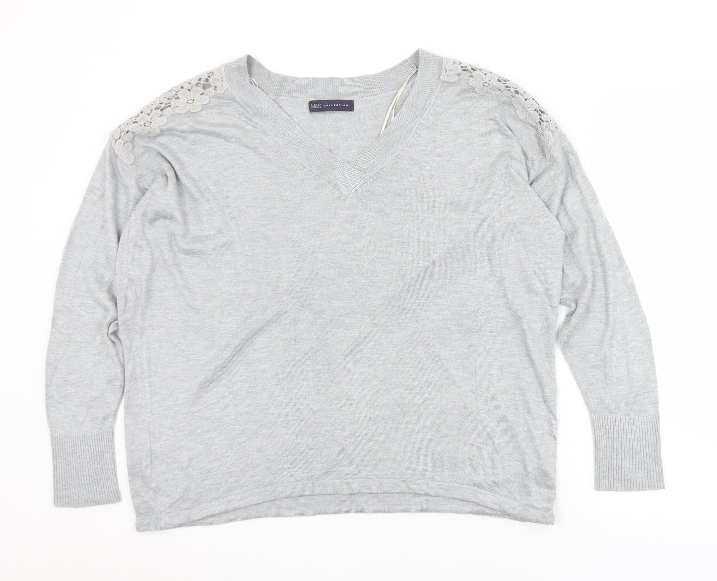 Marks and Spencer Womens Grey V-Neck Floral Viscose Pullover Jumper Size L