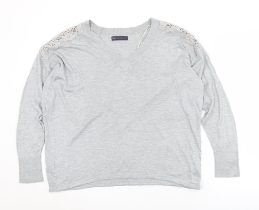 Marks and Spencer Womens Grey V-Neck Floral Viscose Pullover Jumper Size L