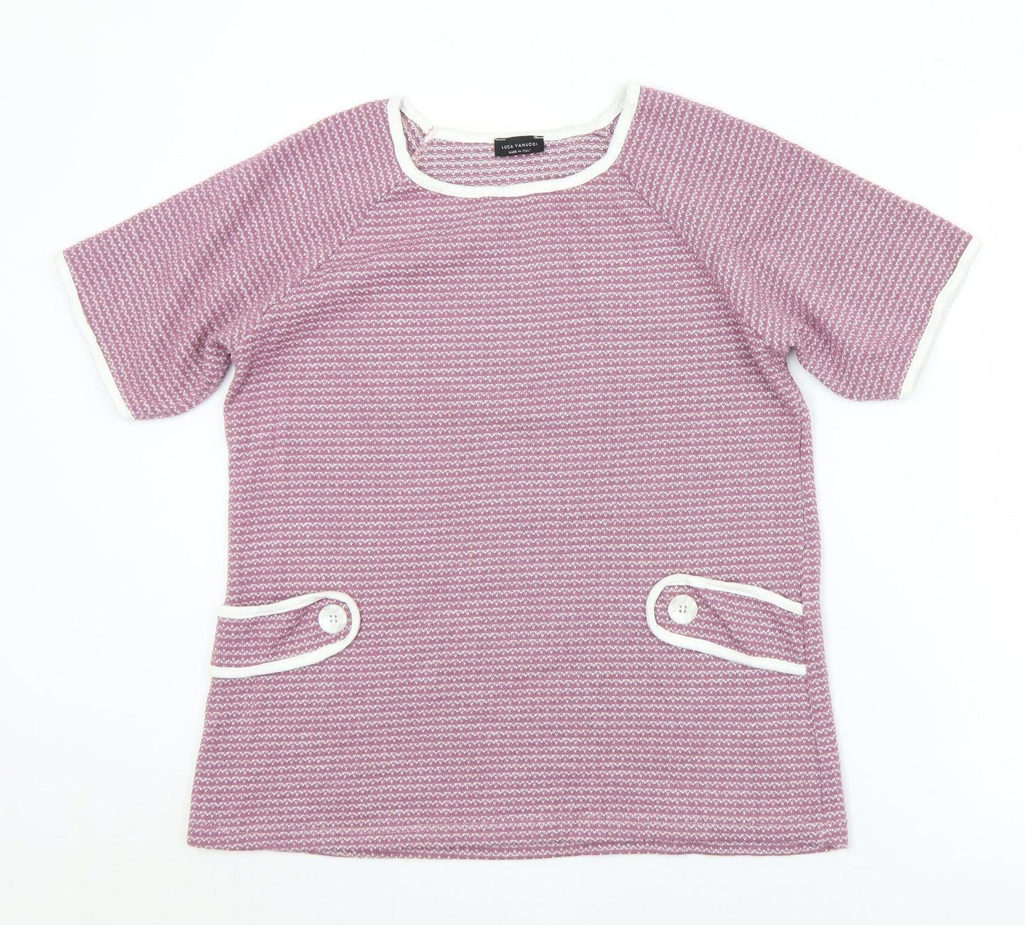 Luca Vanucci Womens Purple Geometric Acrylic Jersey T-Shirt Size M Round Neck