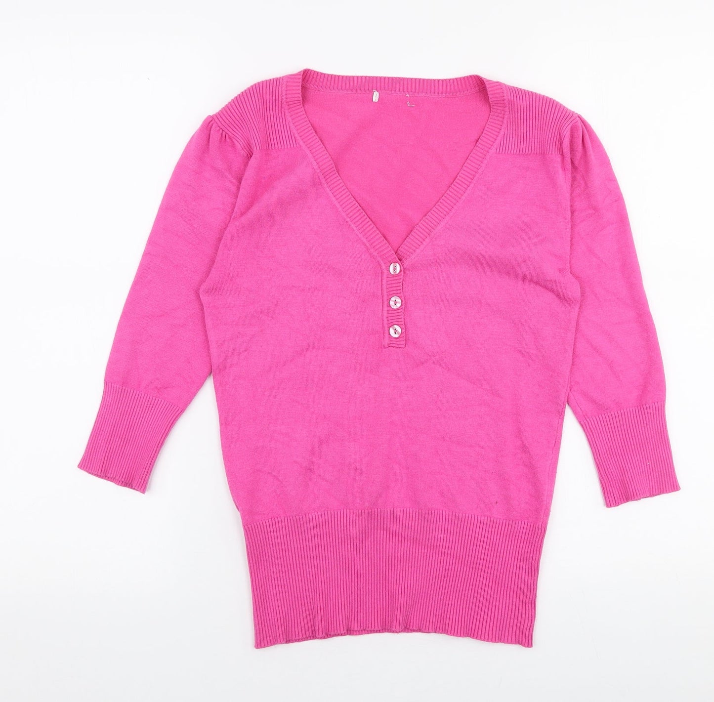 Preworn Womens Pink V-Neck  Polyester Pullover Jumper Size S