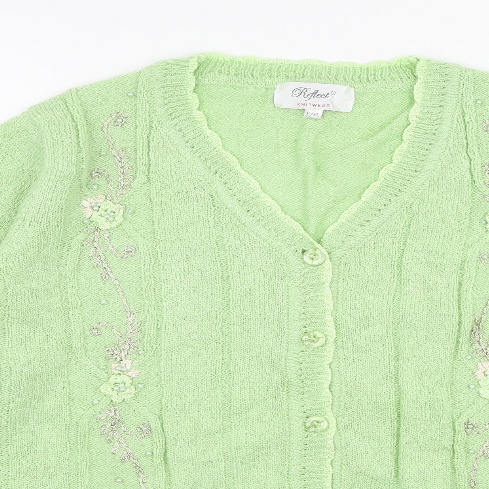 Reflect Womens Green V-Neck Floral Acrylic Cardigan Jumper Size L