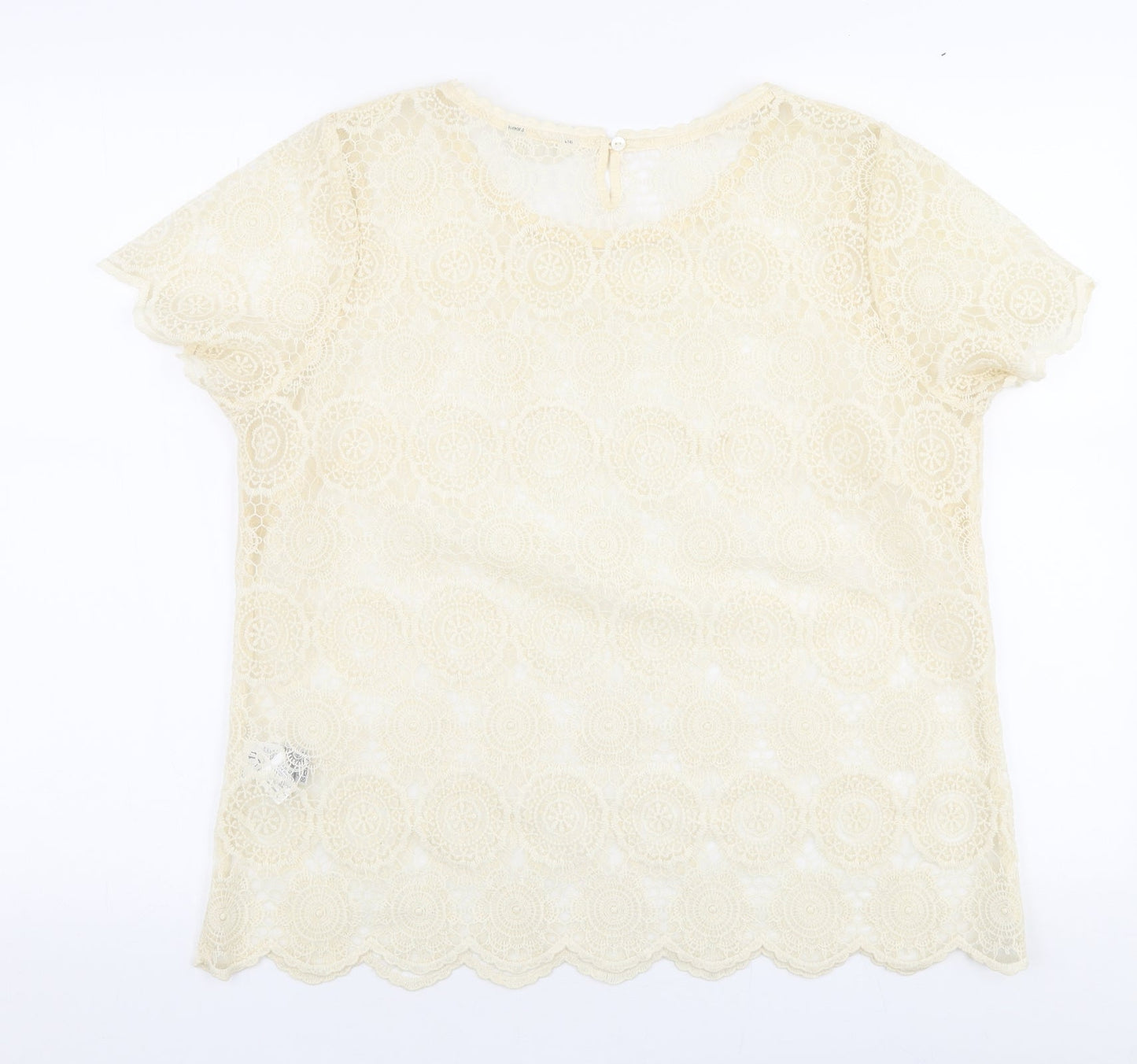 Indigo Womens Ivory Floral Polyamide Basic Blouse Size 16 Round Neck
