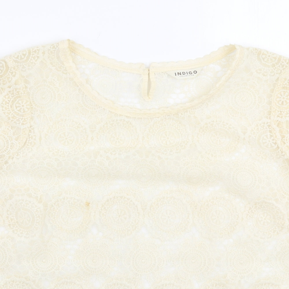 Indigo Womens Ivory Floral Polyamide Basic Blouse Size 16 Round Neck