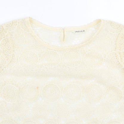 Preloved Indigo Womens Ivory Floral Polyamide Basic Blouse Size 16 Round Neck - Detail