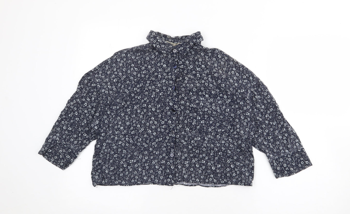 Pull & Bear Womens Blue Floral Viscose Cropped Blouse Size S Collared