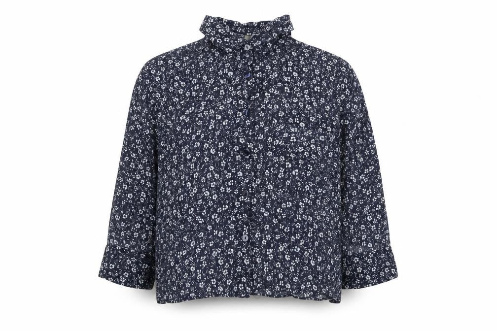 Pull & Bear Womens Blue Floral Viscose Cropped Blouse Size S Collared