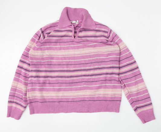 EWM Womens Pink Collared Striped Acrylic Pullover Jumper Size L