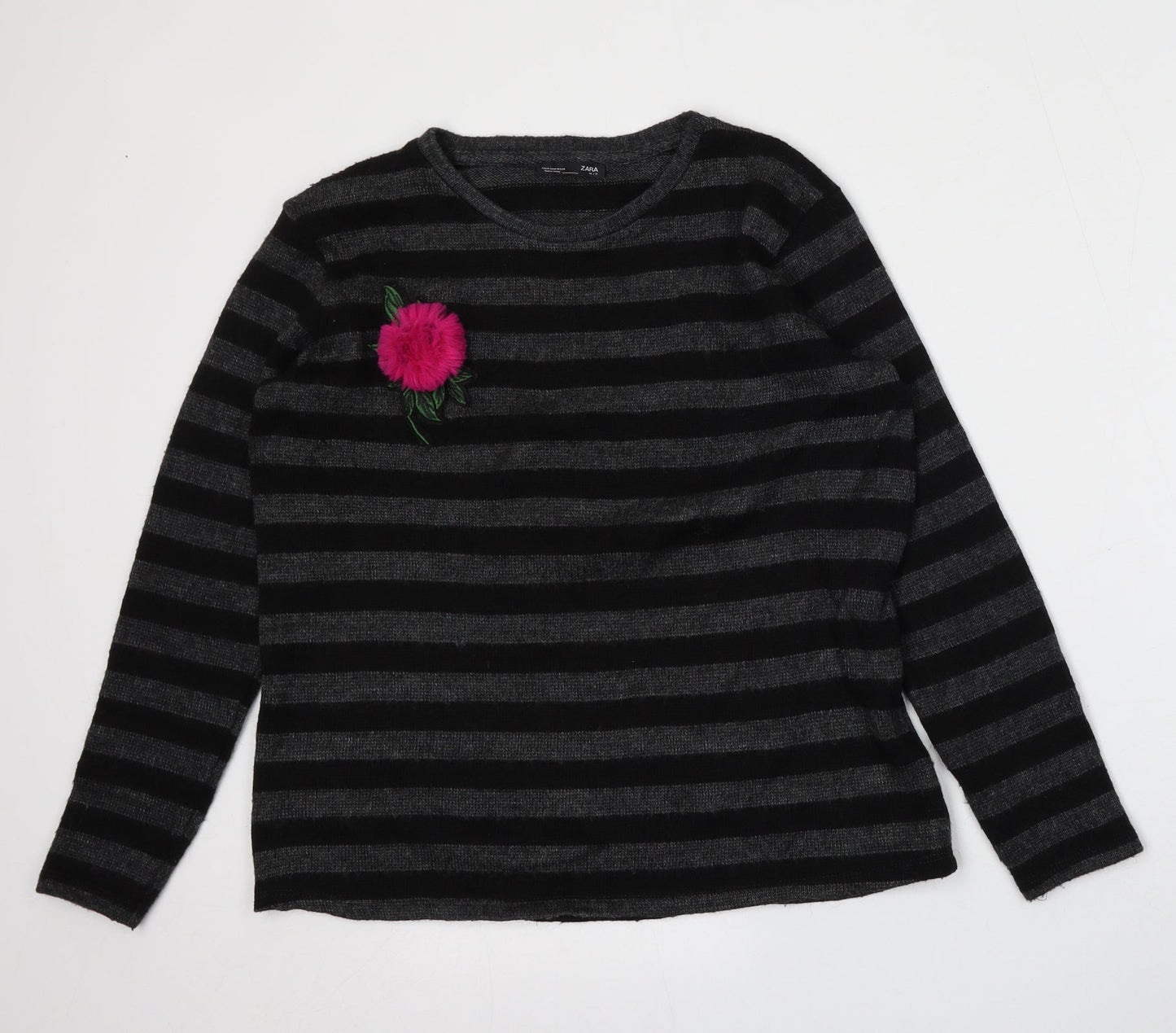 Zara Womens Grey Round Neck Striped Polyester Pullover Jumper Size M