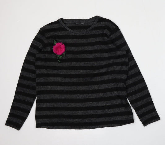 Zara Womens Grey Round Neck Striped Polyester Pullover Jumper Size M