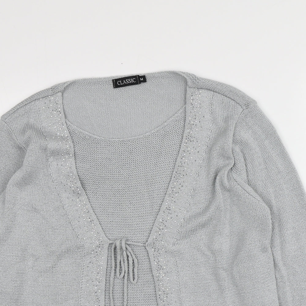 Classic Womens Grey V-Neck  Acrylic Cardigan Jumper Size M