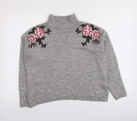 New Look Womens Grey Roll Neck Floral Acrylic Pullover Jumper Size S