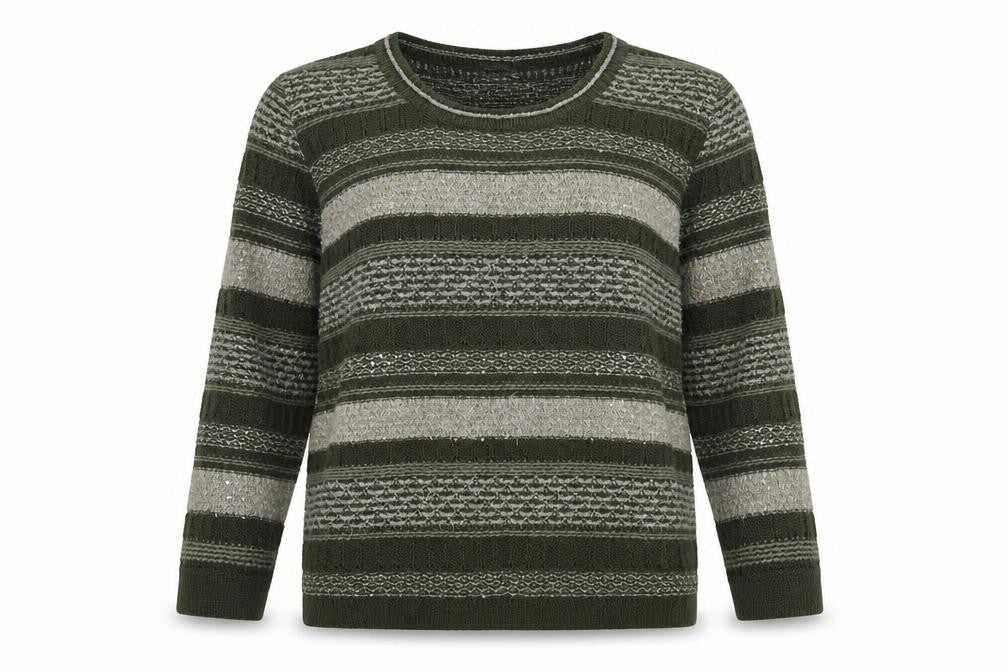 MONA Womens Green Round Neck Striped Cotton Pullover Jumper Size 14