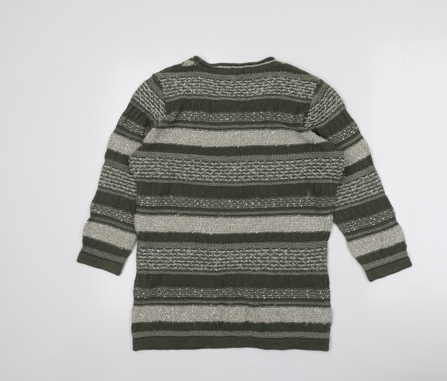 MONA Womens Green Round Neck Striped Cotton Pullover Jumper Size 14