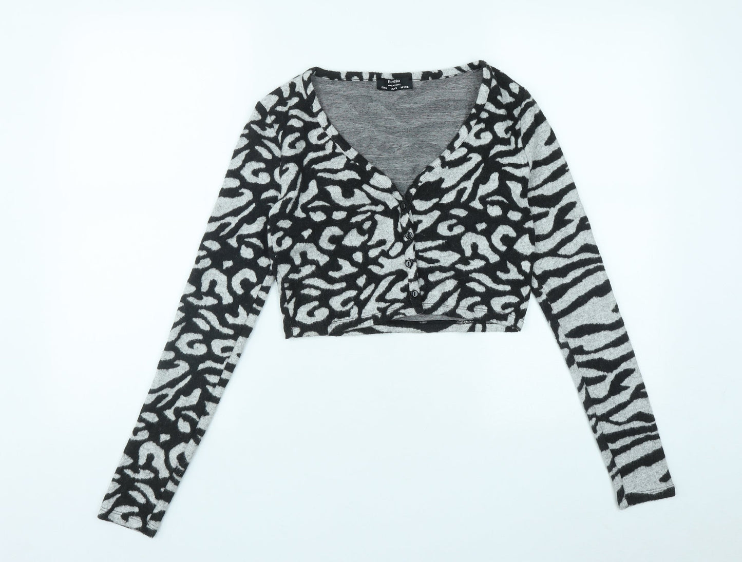 Bershka Womens Black V-Neck Geometric Polyester Cardigan Jumper Size S