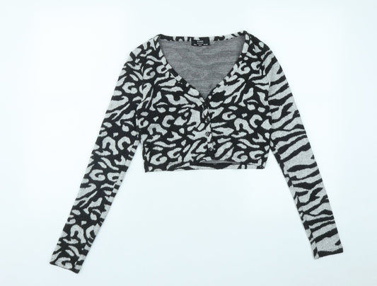 Bershka Womens Black V-Neck Geometric Polyester Cardigan Jumper Size S