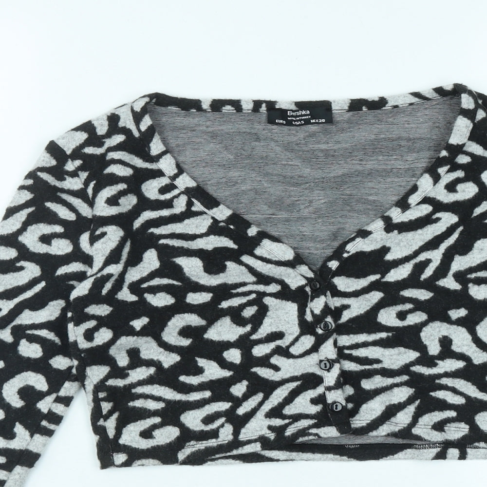 Bershka Womens Black V-Neck Geometric Polyester Cardigan Jumper Size S