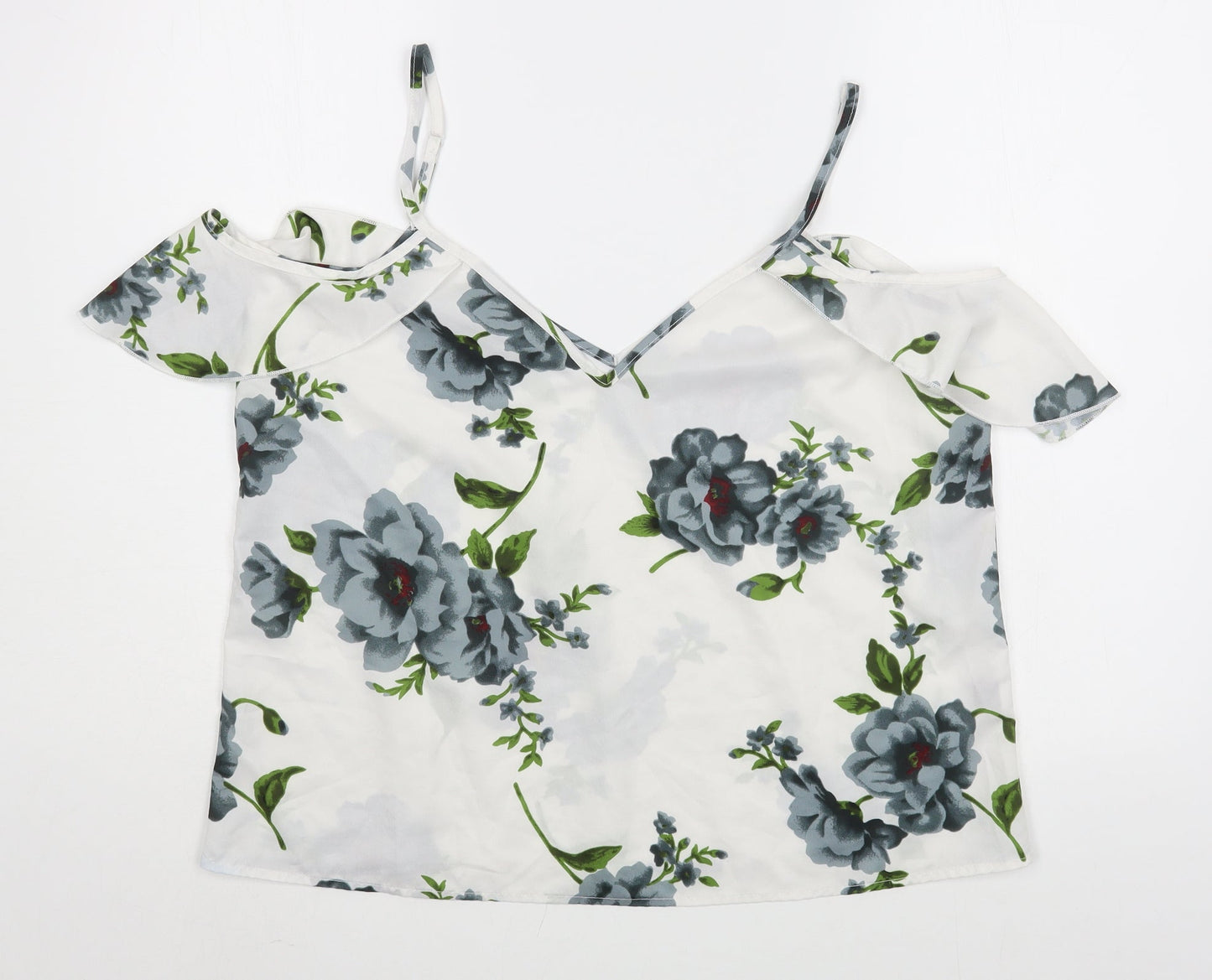 Preworn Womens White Floral Polyester Basic Blouse Size L V-Neck