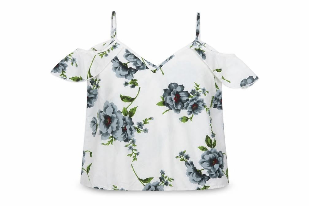 Preworn Womens White Floral Polyester Basic Blouse Size L V-Neck