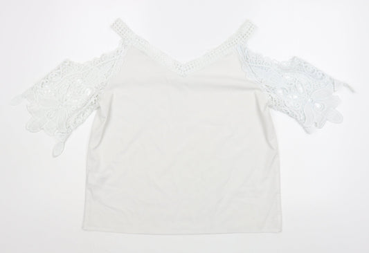 Preworn Womens White  Polyester Basic Blouse Size L V-Neck