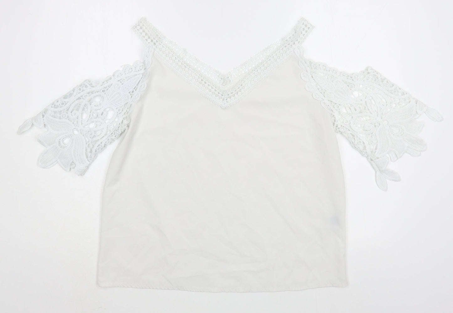Preworn Womens White  Polyester Basic Blouse Size L V-Neck