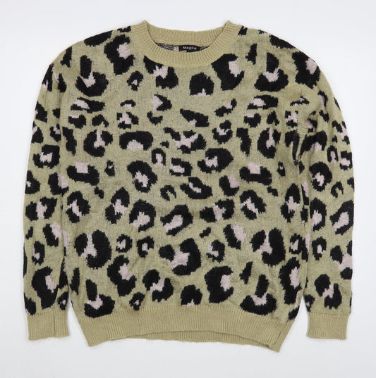 Maglia Womens Brown Round Neck Animal Print Acrylic Pullover Jumper Size L