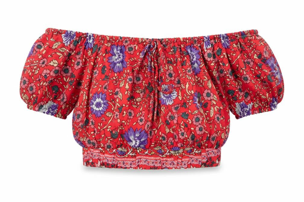 Parisian Signature Womens Red Floral Viscose Cropped T-Shirt Size 10 Off the Shoulder