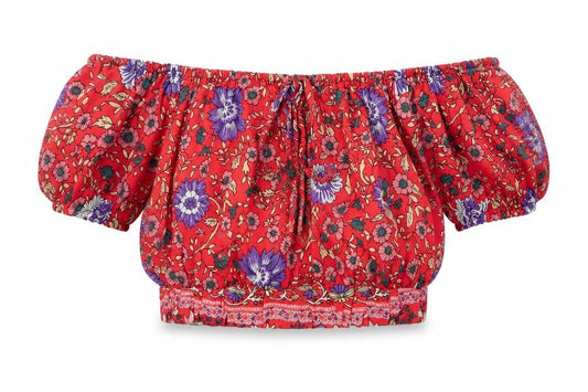 Parisian Signature Womens Red Floral Viscose Cropped T-Shirt Size 10 Off the Shoulder