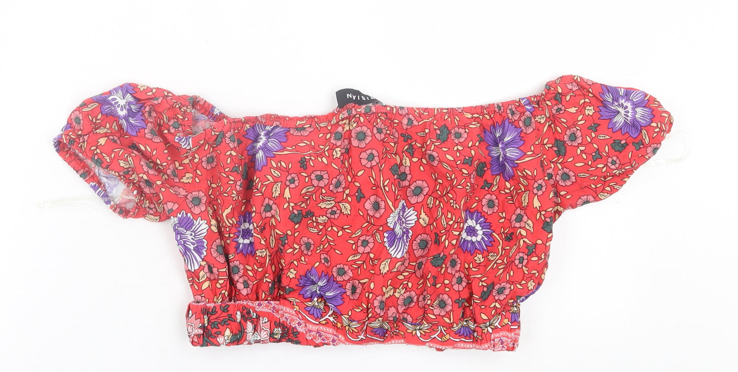 PARISIAN SIGNATURE Womens Red Floral Viscose Cropped T-Shirt Size 10 Off the Shoulder
