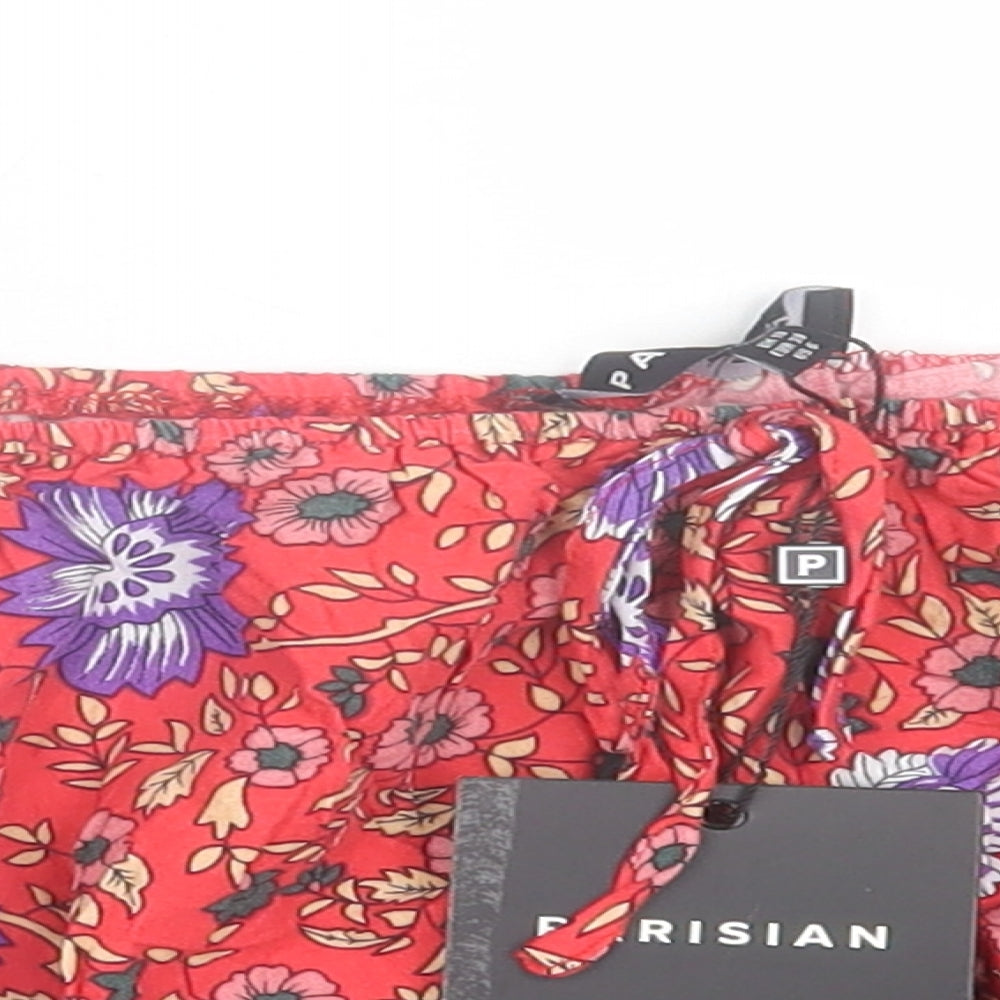 PARISIAN SIGNATURE Womens Red Floral Viscose Cropped T-Shirt Size 10 Off the Shoulder