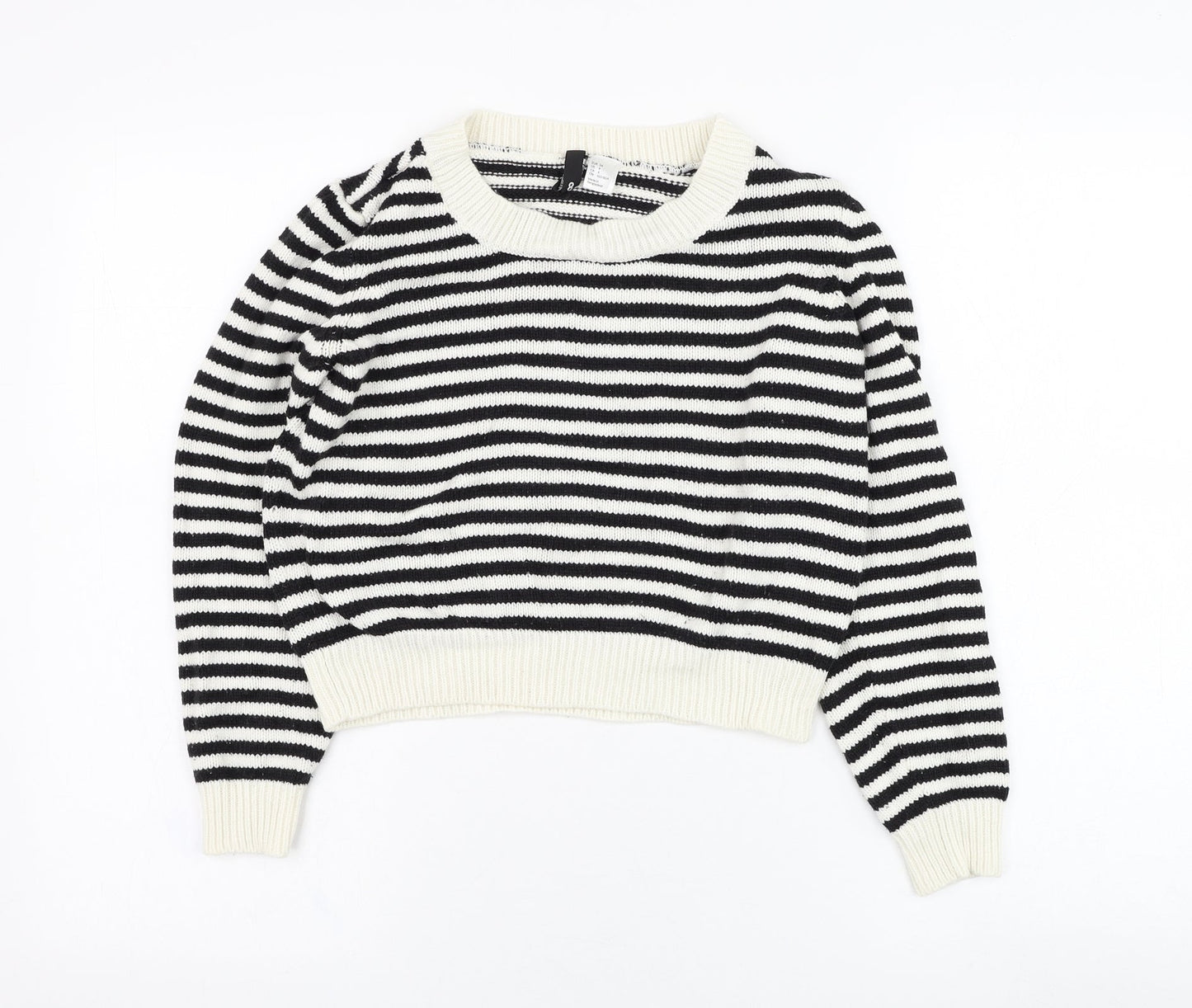 H&M Womens White Round Neck Striped Acrylic Pullover Jumper Size 8
