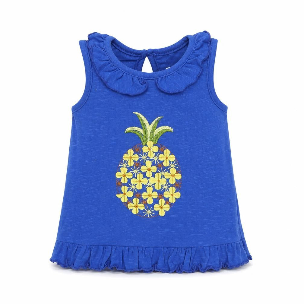 M&Co Girls Blue  Cotton Basic Tank Size 9-12 Months Round Neck Pullover - Pineapple