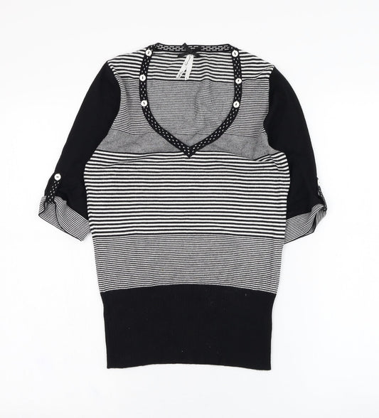 NEXT Womens Black V-Neck Striped Viscose Pullover Jumper Size 8