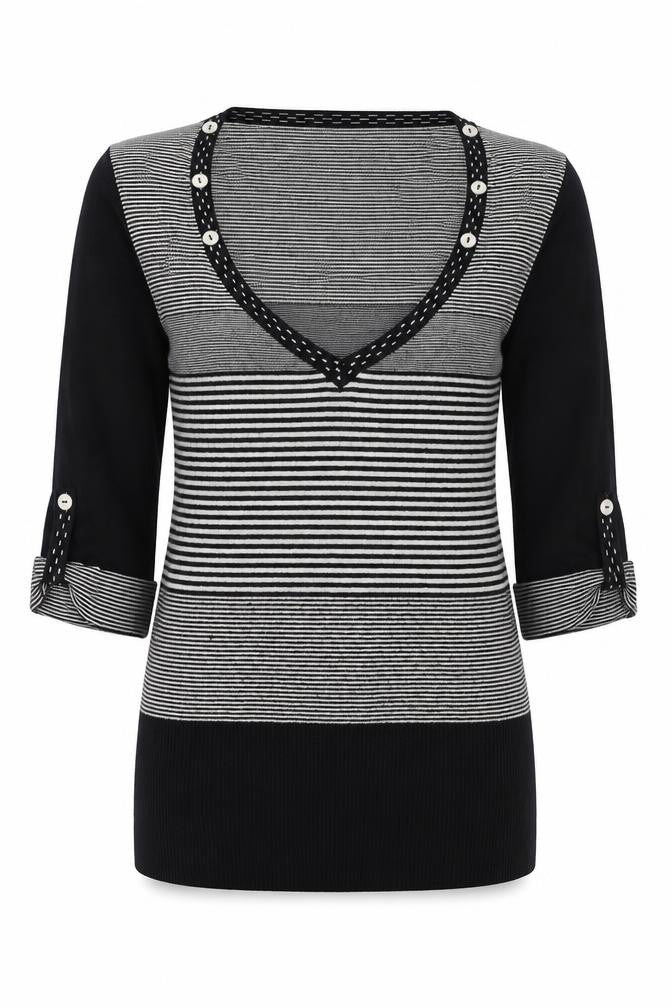 NEXT Womens Black V-Neck Striped Viscose Pullover Jumper Size 8