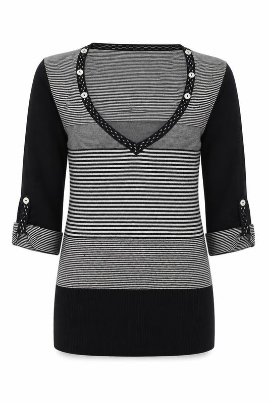 Next Womens Black V-Neck Striped Viscose Pullover Jumper Size 8