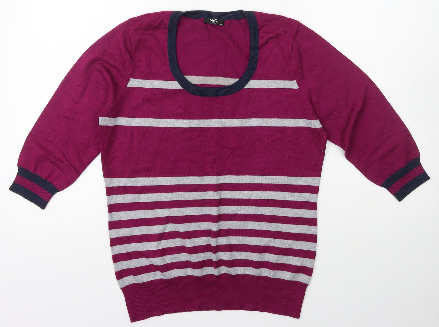 M&Co. Womens Purple Scoop Neck Striped Viscose Pullover Jumper Size M
