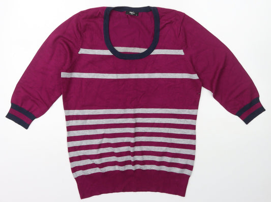 M&Co. Womens Purple Scoop Neck Striped Viscose Pullover Jumper Size M