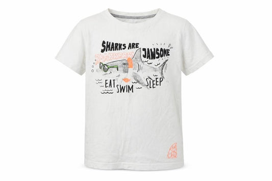 Dunnes Boys White Geometric Cotton Basic T-Shirt Size 9-10 Years Round Neck  - Shark