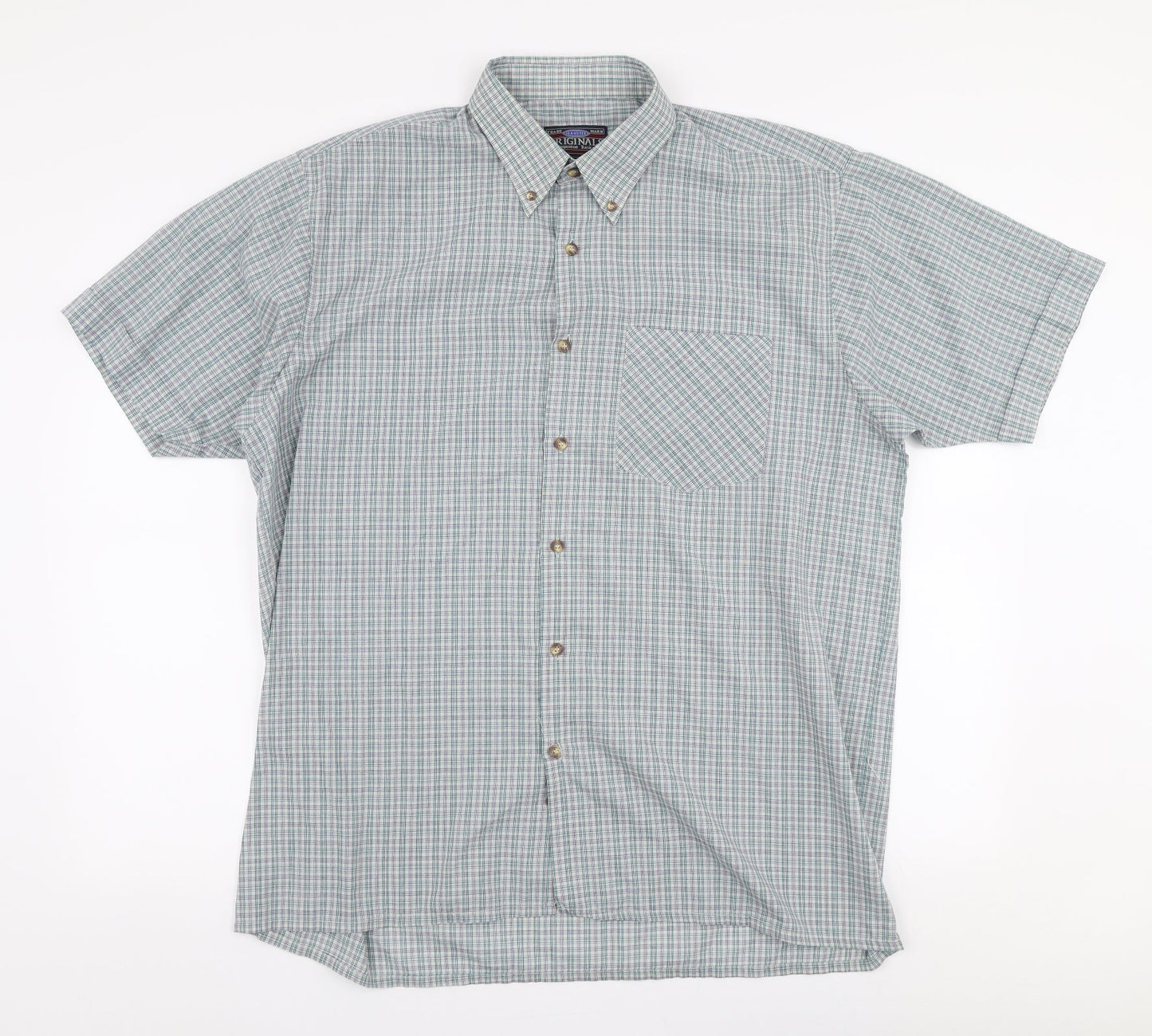 Originals Mens Blue Plaid Polyester  Button-Up Size L Collared Button