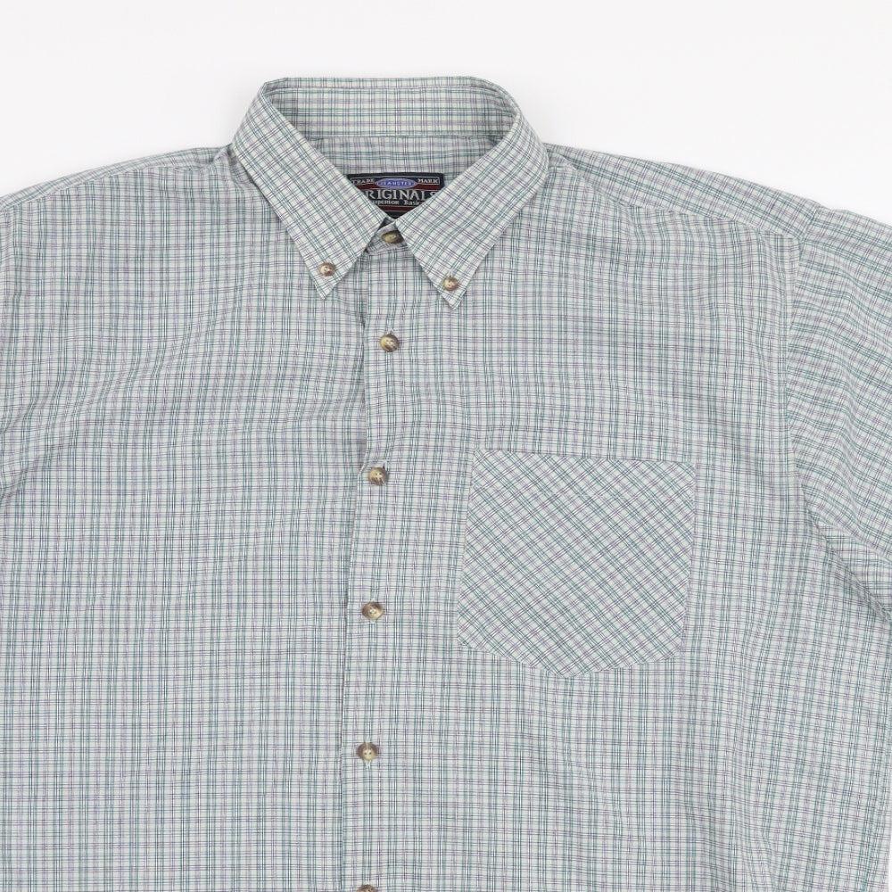 Originals Mens Blue Plaid Polyester  Button-Up Size L Collared Button