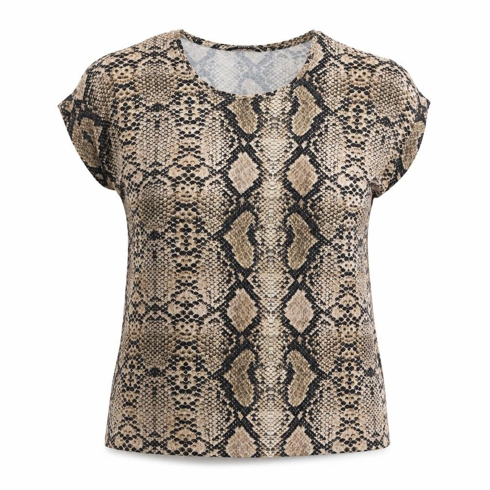 Only Womens Beige Animal Print Viscose Jersey T-Shirt Size L Round Neck