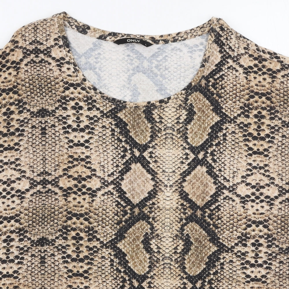 Only Womens Beige Animal Print Viscose Jersey T-Shirt Size L Round Neck