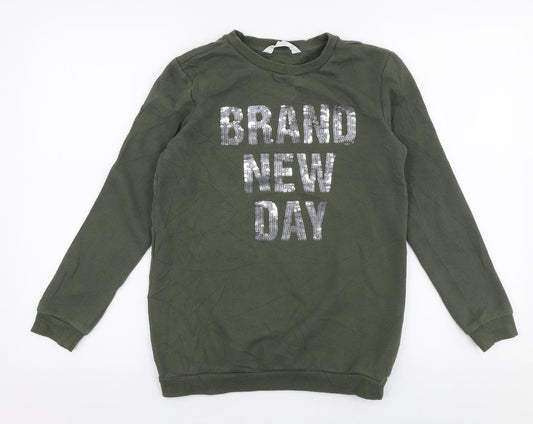 H&M Girls Green  Cotton Pullover Sweatshirt Size 11-12 Years  Pullover - Reversible sequins