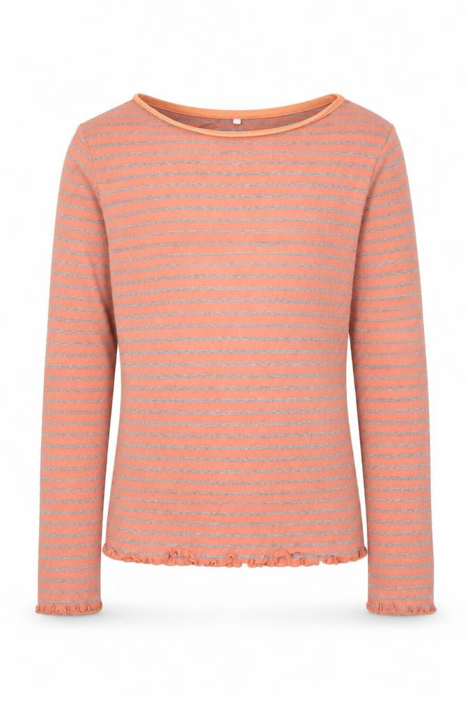 NAME IT Girls Orange Striped Cotton Basic T-Shirt Size 7-8 Years Round Neck
