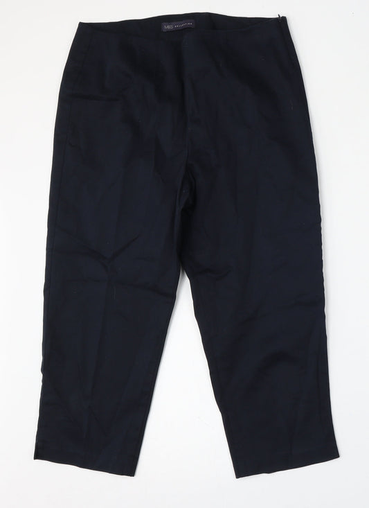Marks and Spencer Womens Blue  Cotton Trousers  Size 12 L22.5 in Regular Zip - short leg
