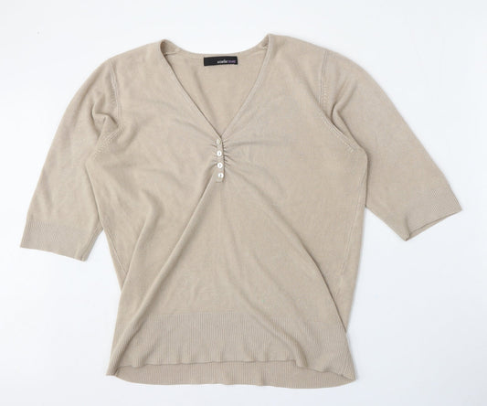 Amelie May Womens Beige V-Neck  Acrylic Pullover Jumper Size 18